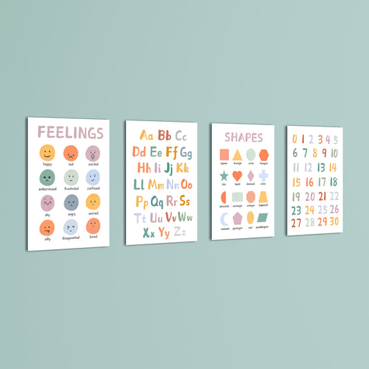 Feelings Alphabet Shapes Numbers 4 Pieces Kids Metal Wall Art.