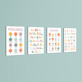 Feelings Alphabet Shapes Numbers 4 Pieces Kids Metal Wall Art.