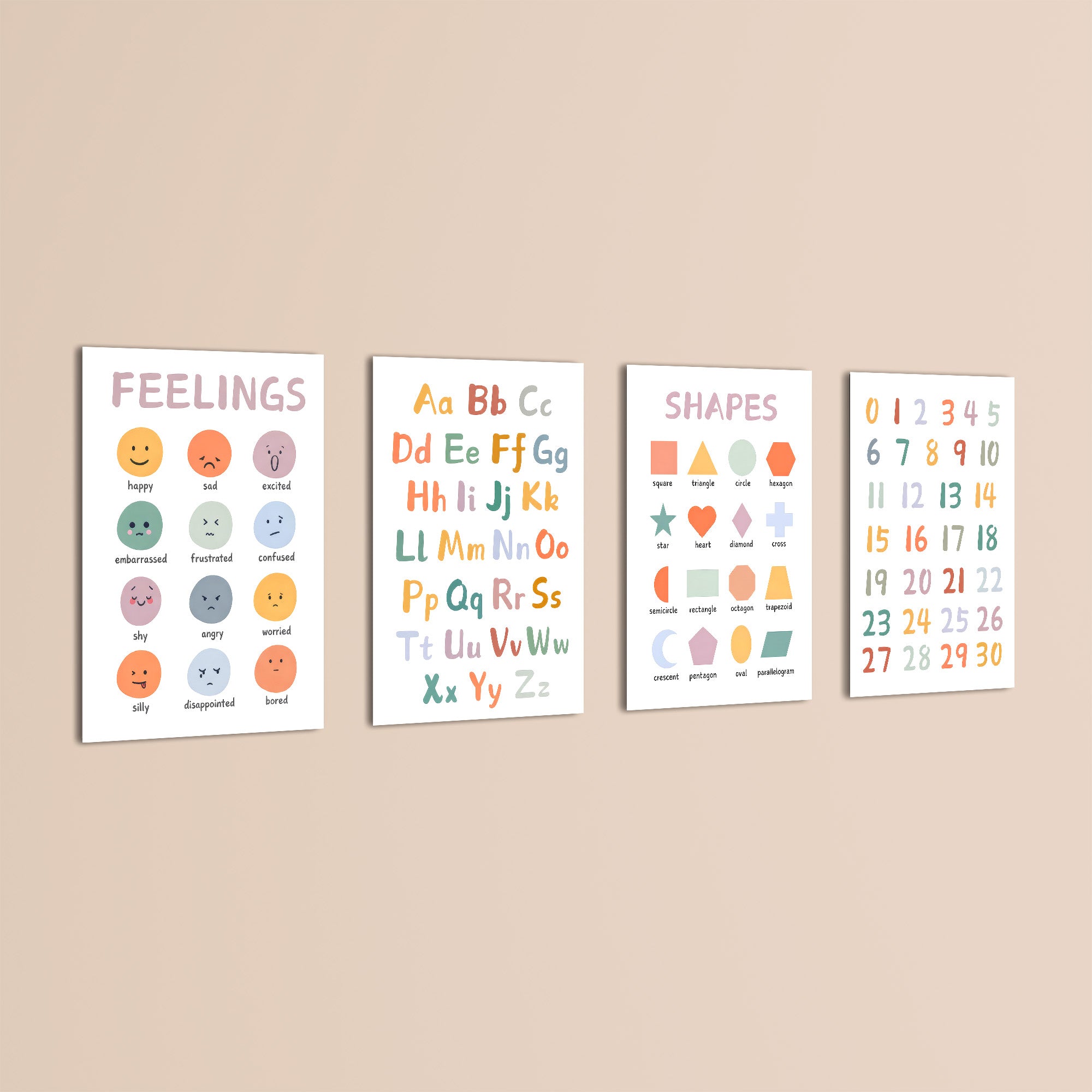 Feelings Alphabet Shapes Numbers 4 Pieces Kids Metal Wall Art.