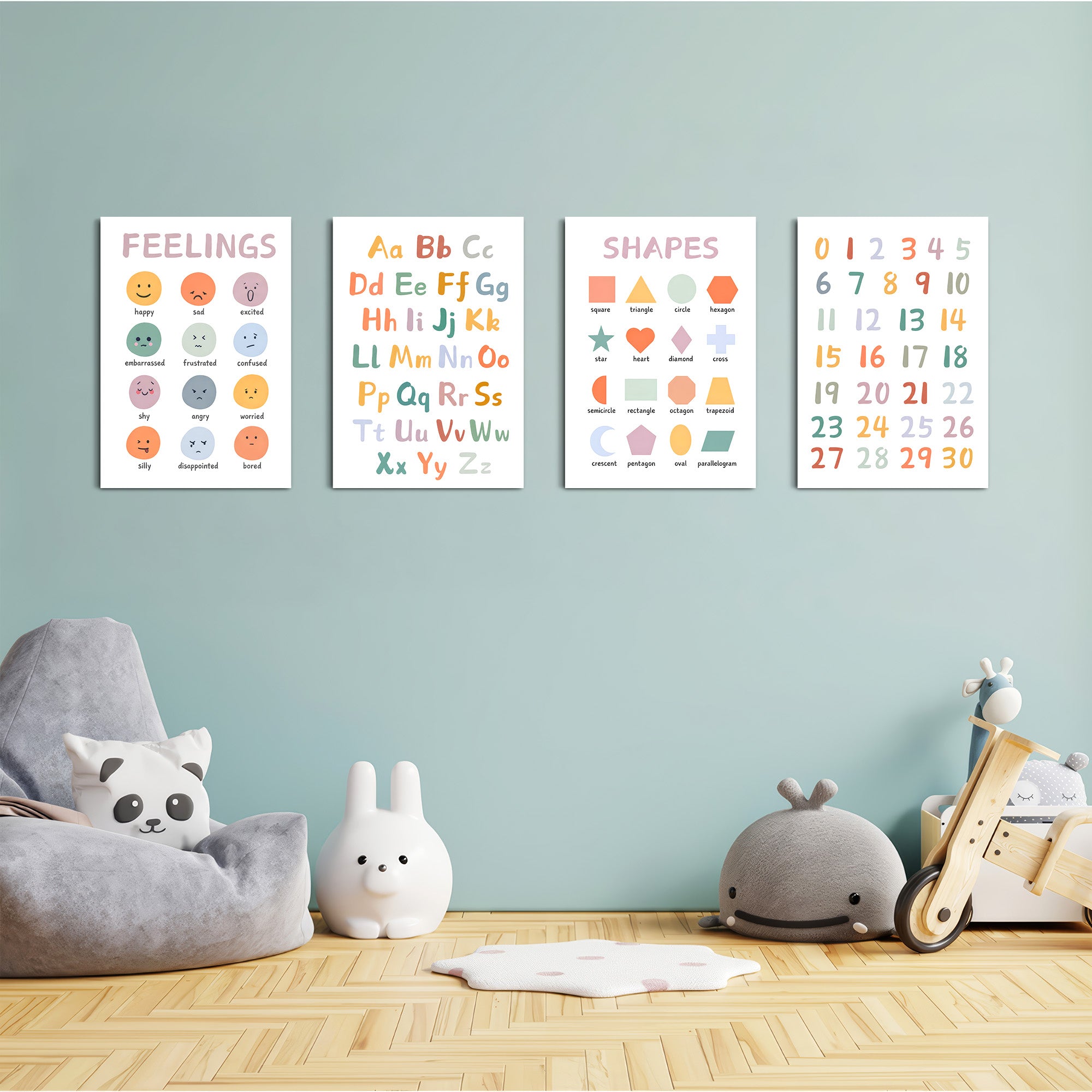 Feelings Alphabet Shapes Numbers 4 Pieces Kids Metal Wall Art.