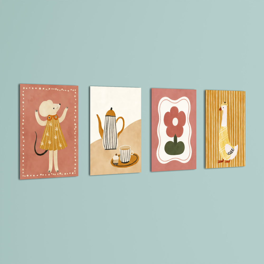 Boho Tea Party Animals 4 Pieces Kids Metal Wall Art.