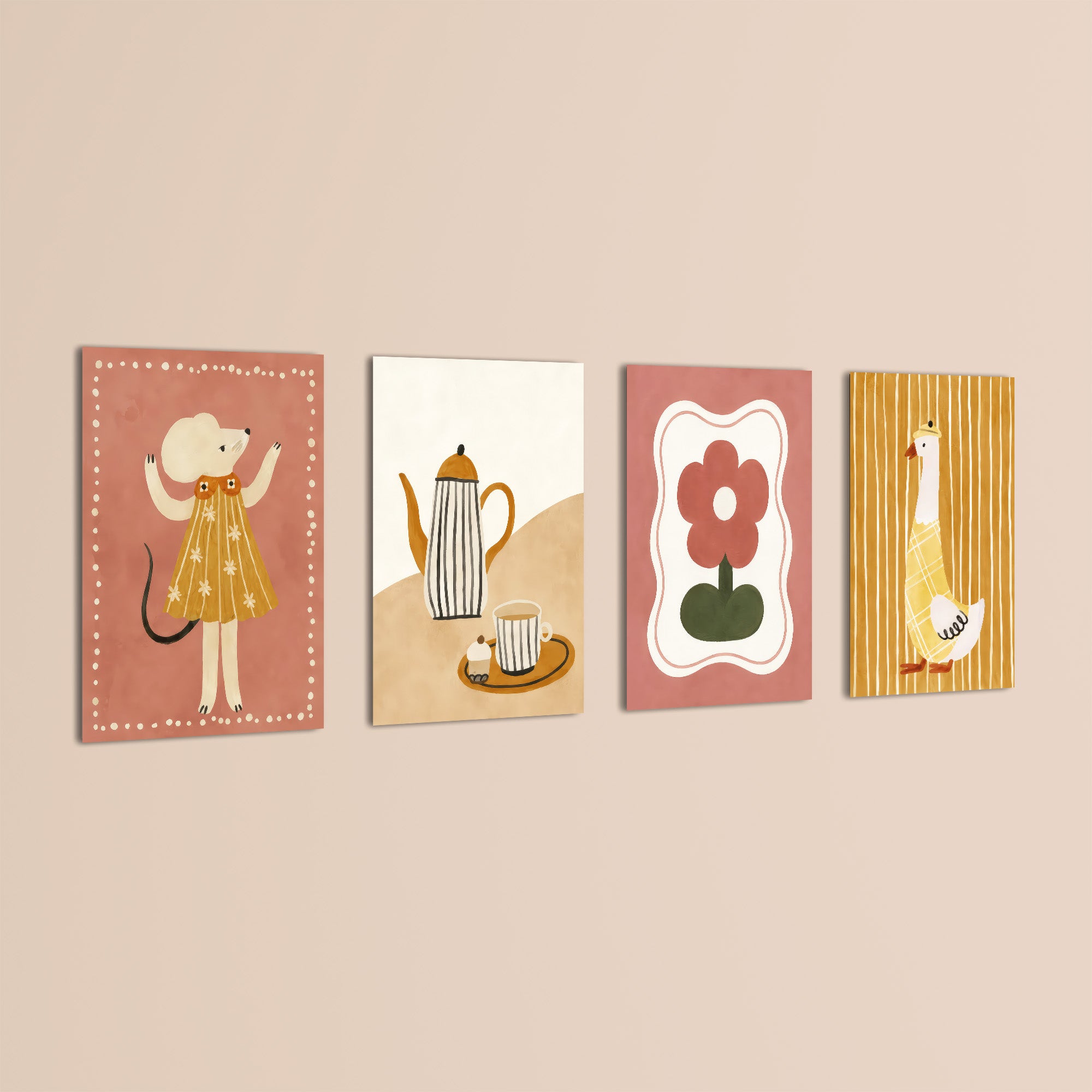 Boho Tea Party Animals 4 Pieces Kids Metal Wall Art.