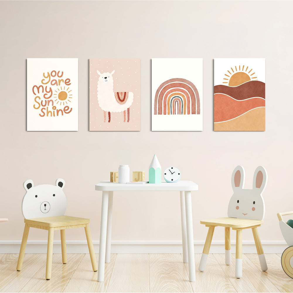Boho Sunshine Llama 4 Pieces Kids Metal Wall Art.