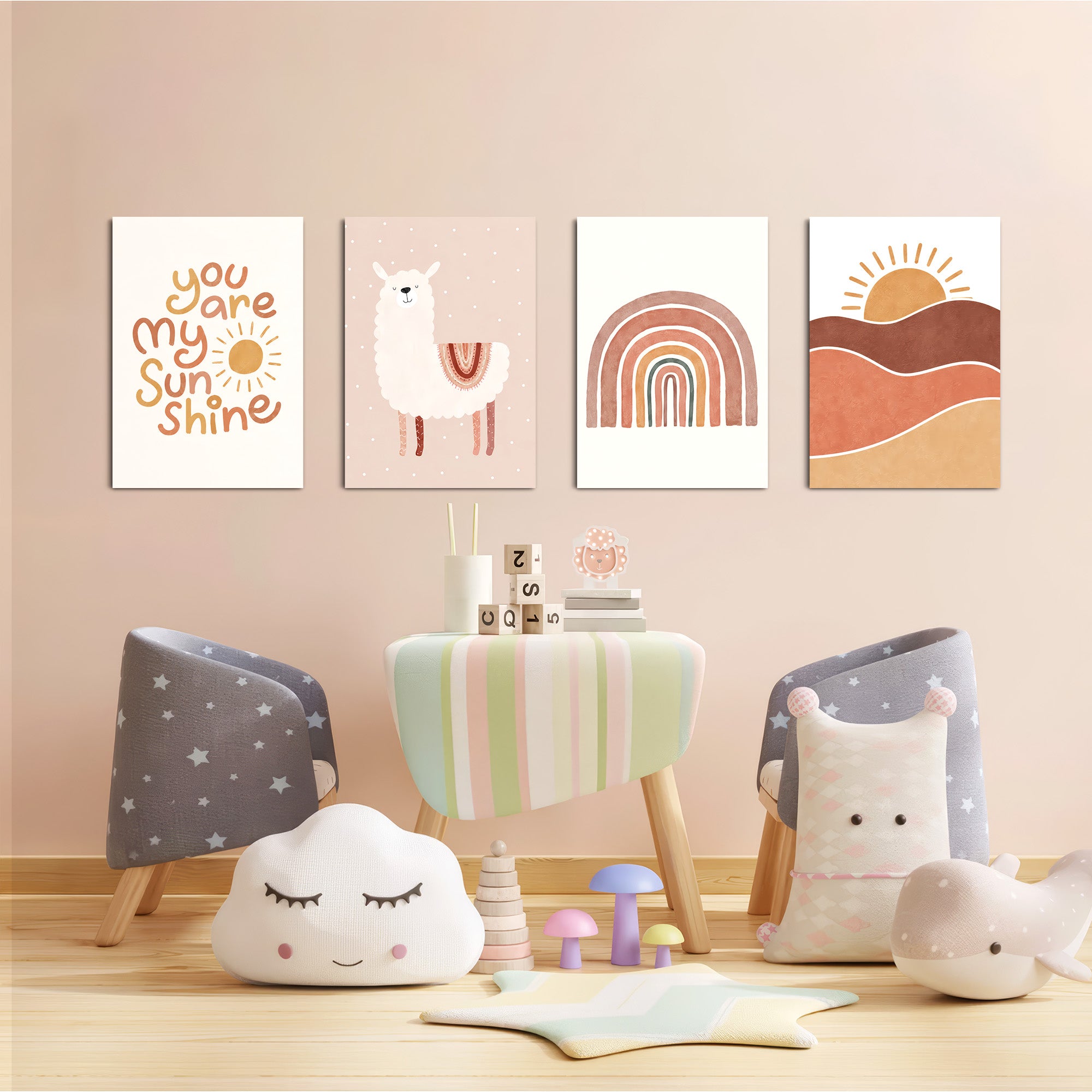 Boho Sunshine Llama 4 Pieces Kids Metal Wall Art.
