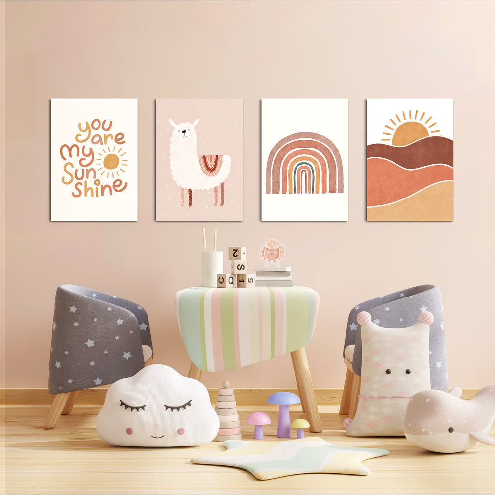Boho Sunshine Llama 4 Pieces Kids Metal Wall Art.