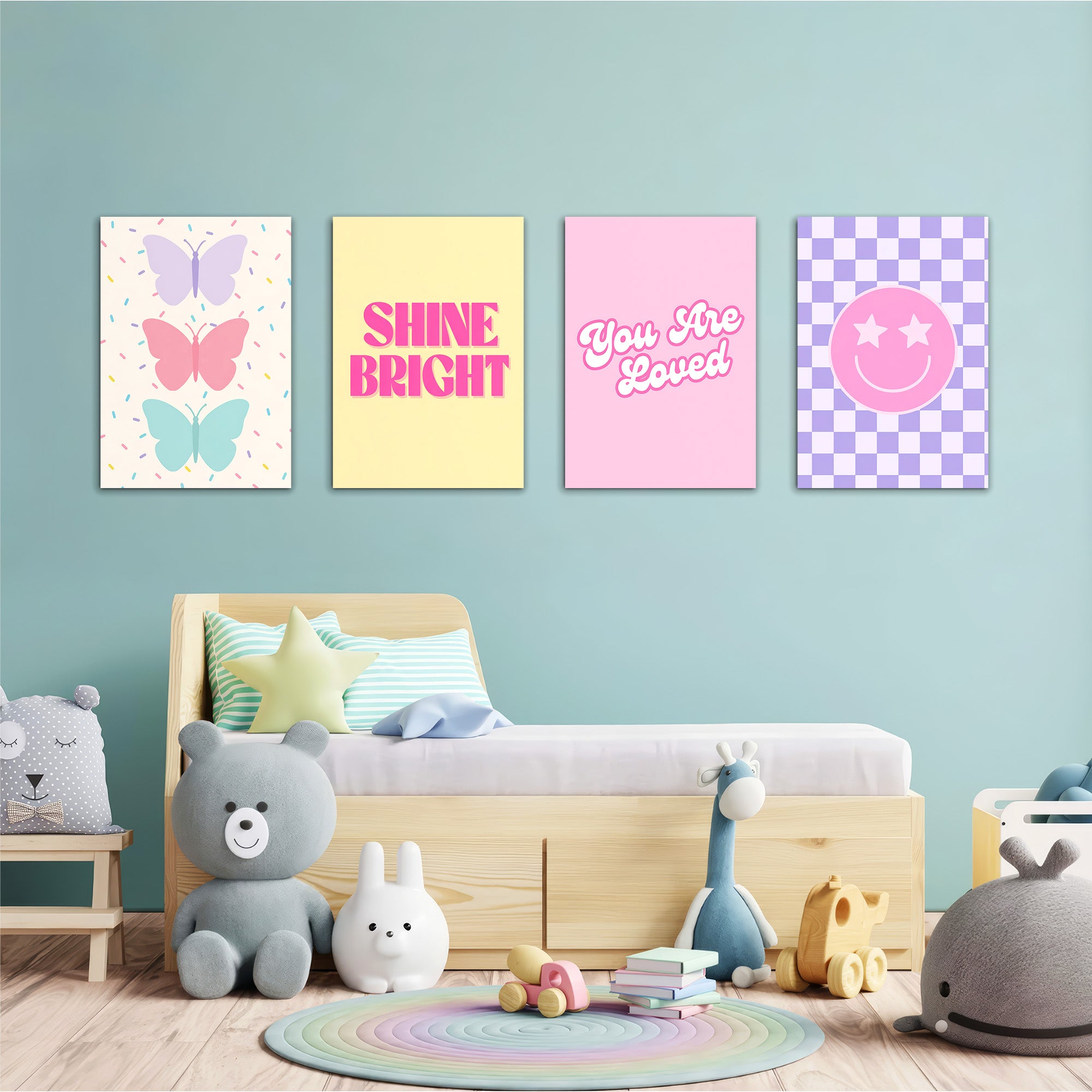Pastel Preppy Shine Bright 4 Pieces Kids Metal Wall Art.
