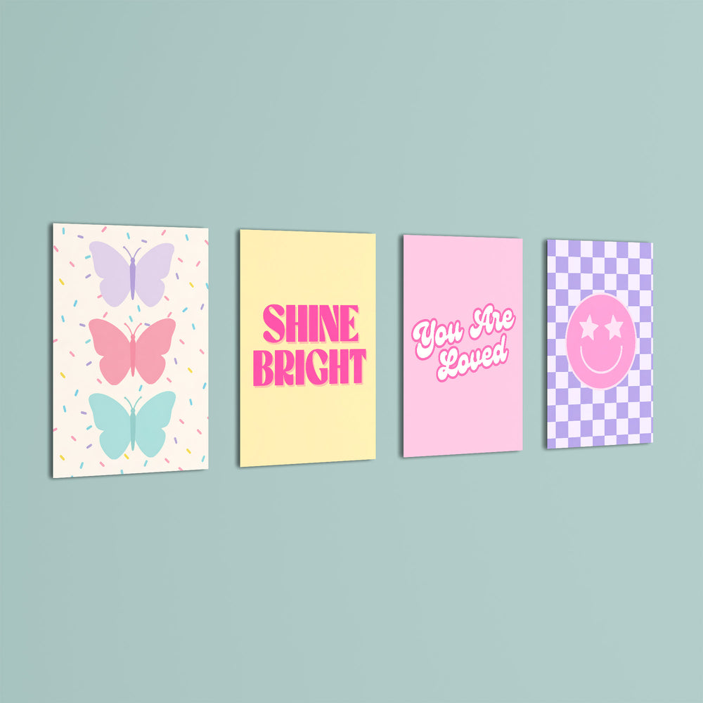 Pastel Preppy Shine Bright 4 Pieces Kids Metal Wall Art.
