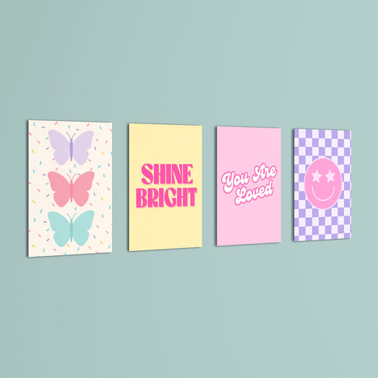 Pastel Preppy Shine Bright 4 Pieces Kids Metal Wall Art.