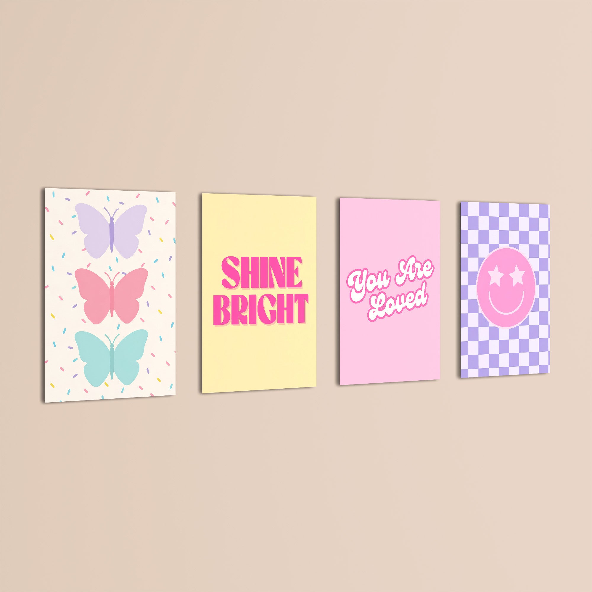 Pastel Preppy Shine Bright 4 Pieces Kids Metal Wall Art.