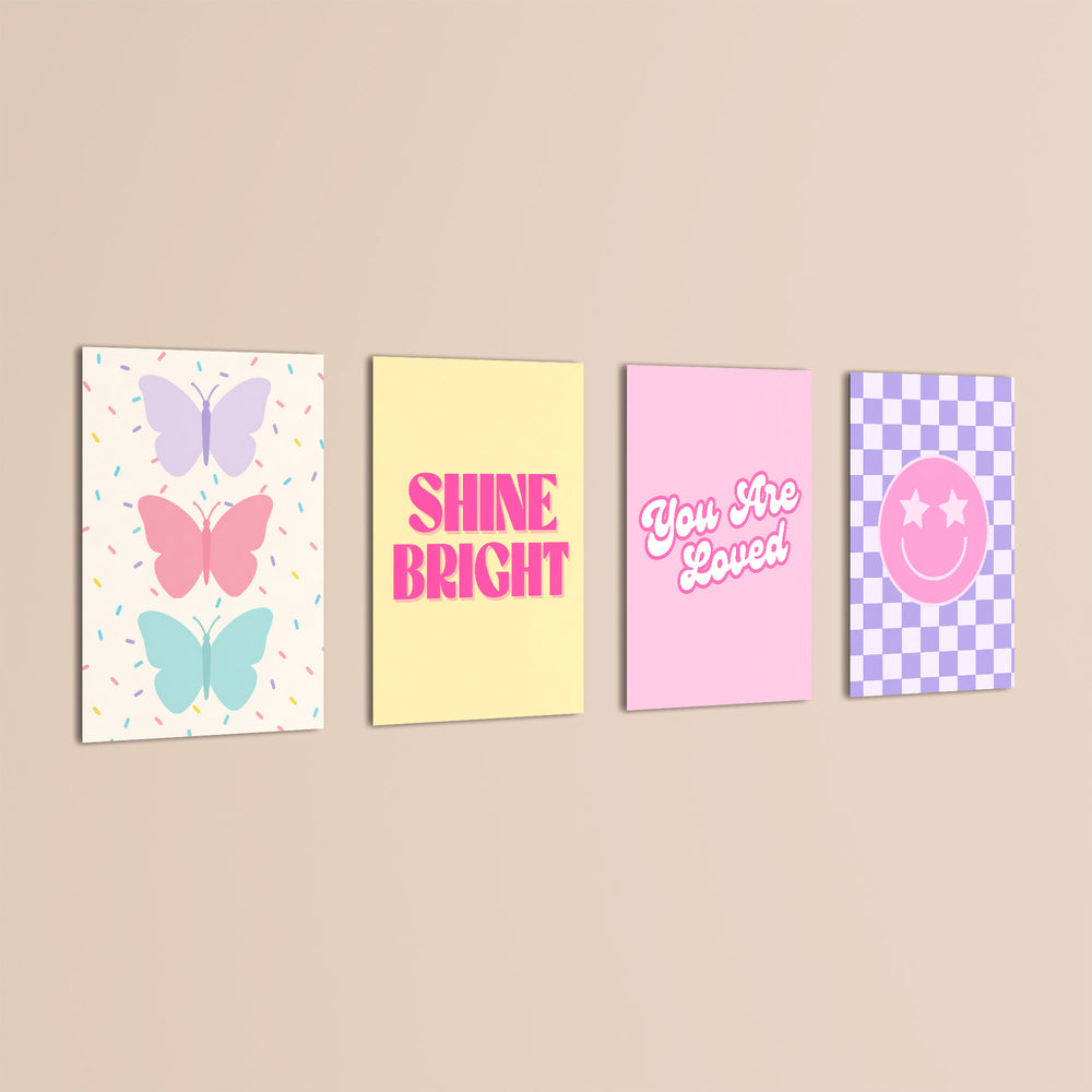 Pastel Preppy Shine Bright 4 Pieces Kids Metal Wall Art.