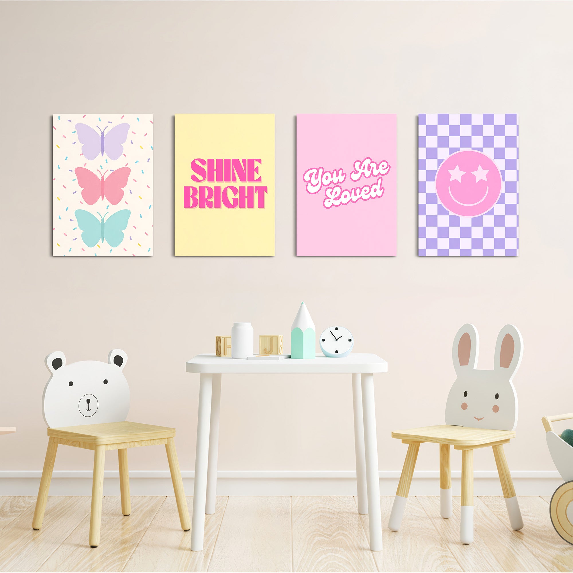 Pastel Preppy Shine Bright 4 Pieces Kids Metal Wall Art.
