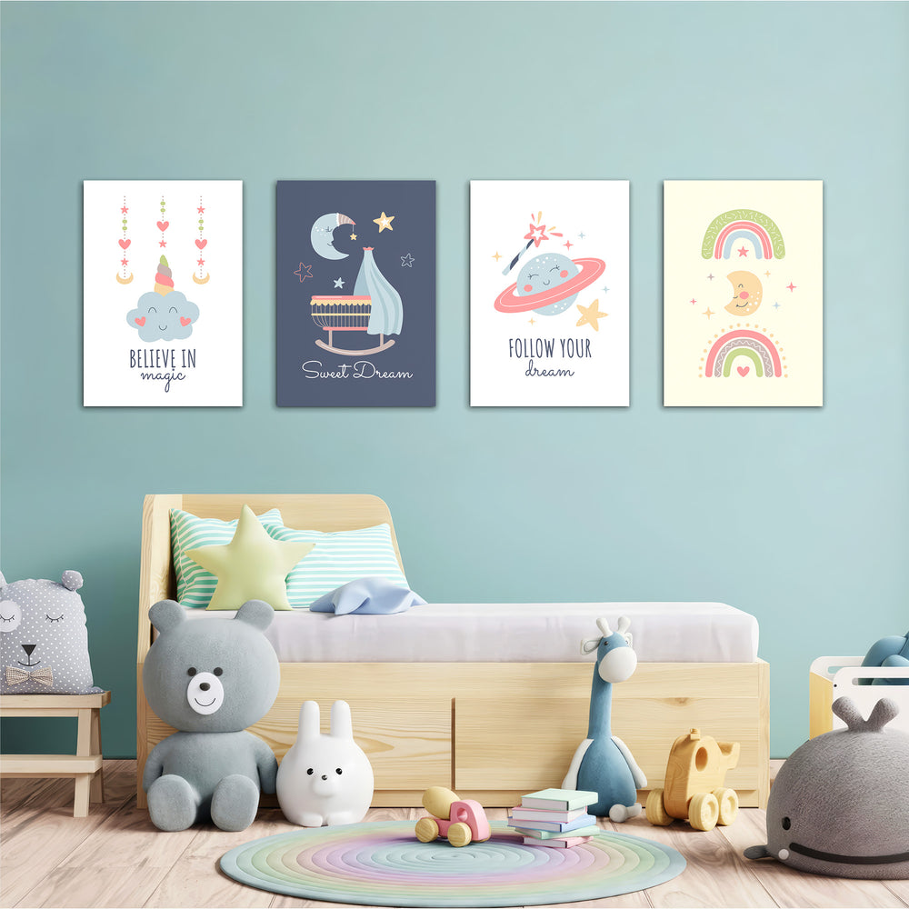 Believe In Magic Dreamy Nursery 4 Pieces Kids Metal Wall Art.
