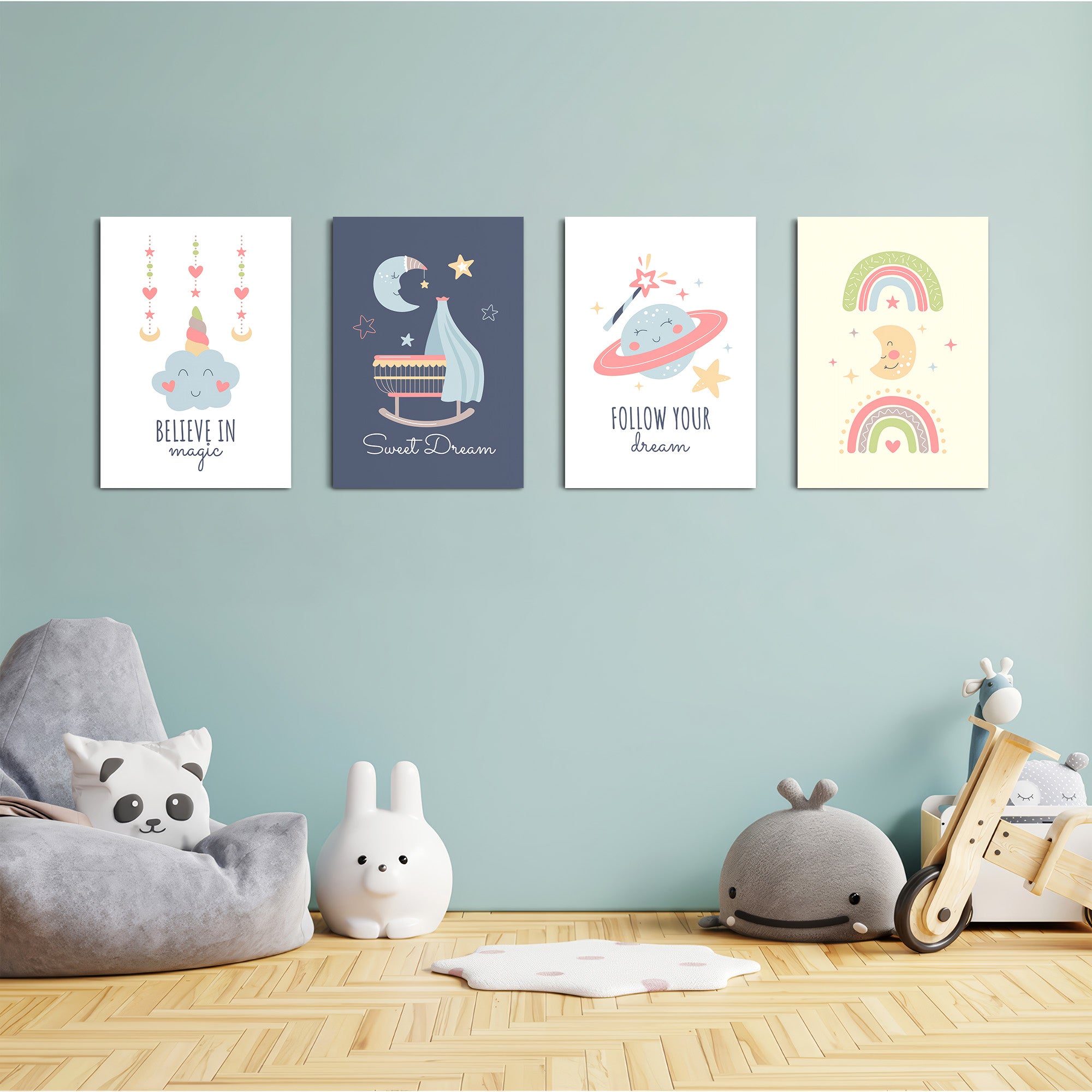 Believe In Magic Dreamy Nursery 4 Pieces Kids Metal Wall Art.