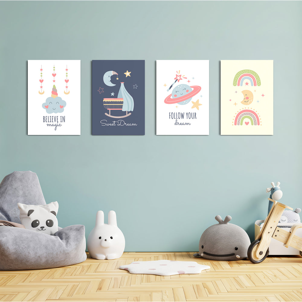Believe In Magic Dreamy Nursery 4 Pieces Kids Metal Wall Art.
