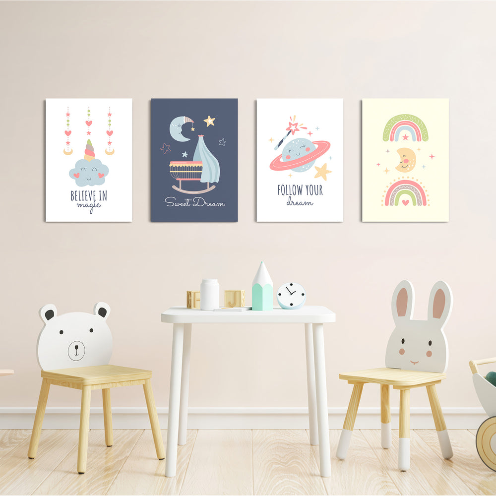 Believe In Magic Dreamy Nursery 4 Pieces Kids Metal Wall Art.