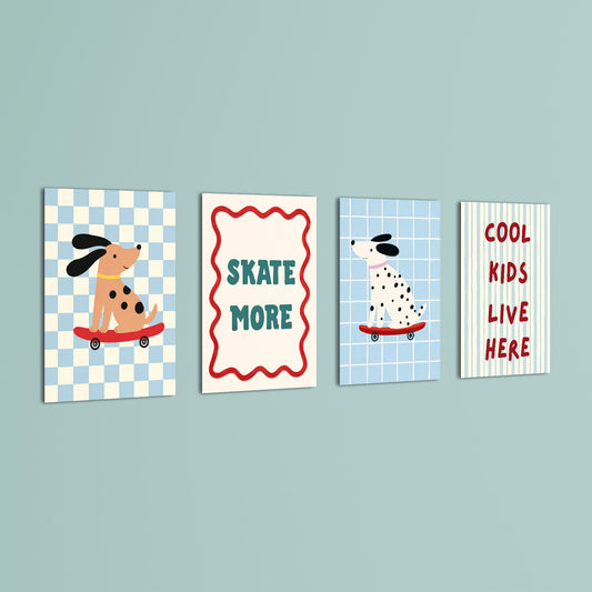 Skater Dogs Cool Kids 4 Pieces Kids Metal Wall Art.