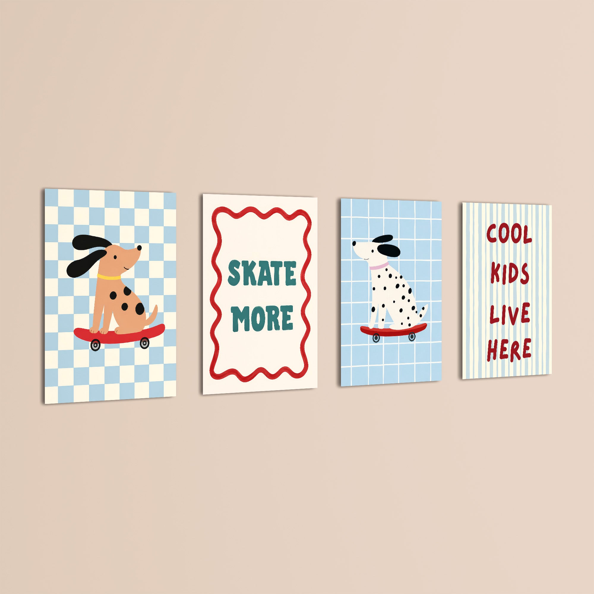 Skater Dogs Cool Kids 4 Pieces Kids Metal Wall Art.