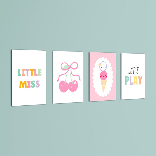 Little Miss Cherry Sweet 4 Pieces Kids Metal Wall Art.