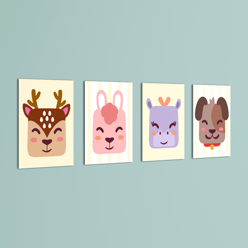 Cute Animal Faces 4 Pieces Kids Metal Wall Art.