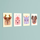 Cute Animal Faces 4 Pieces Kids Metal Wall Art.