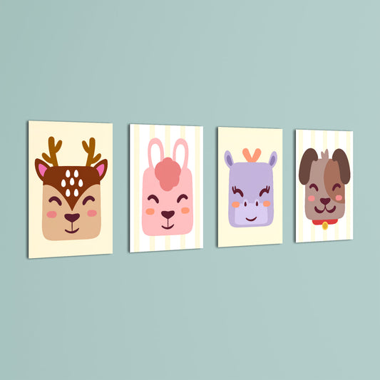 Cute Animal Faces 4 Pieces Kids Metal Wall Art.