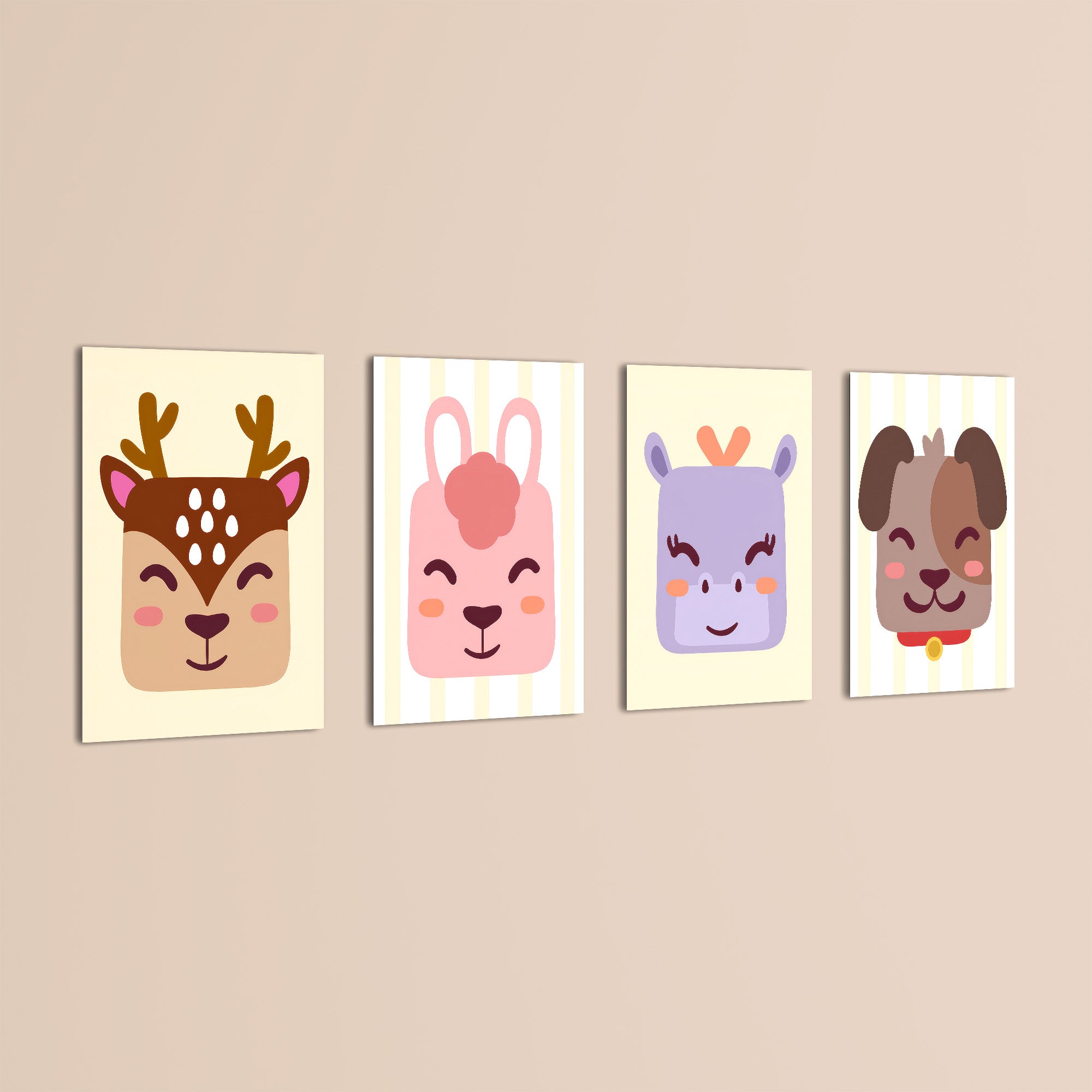 Cute Animal Faces 4 Pieces Kids Metal Wall Art.
