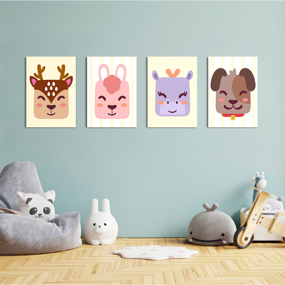 Cute Animal Faces 4 Pieces Kids Metal Wall Art.