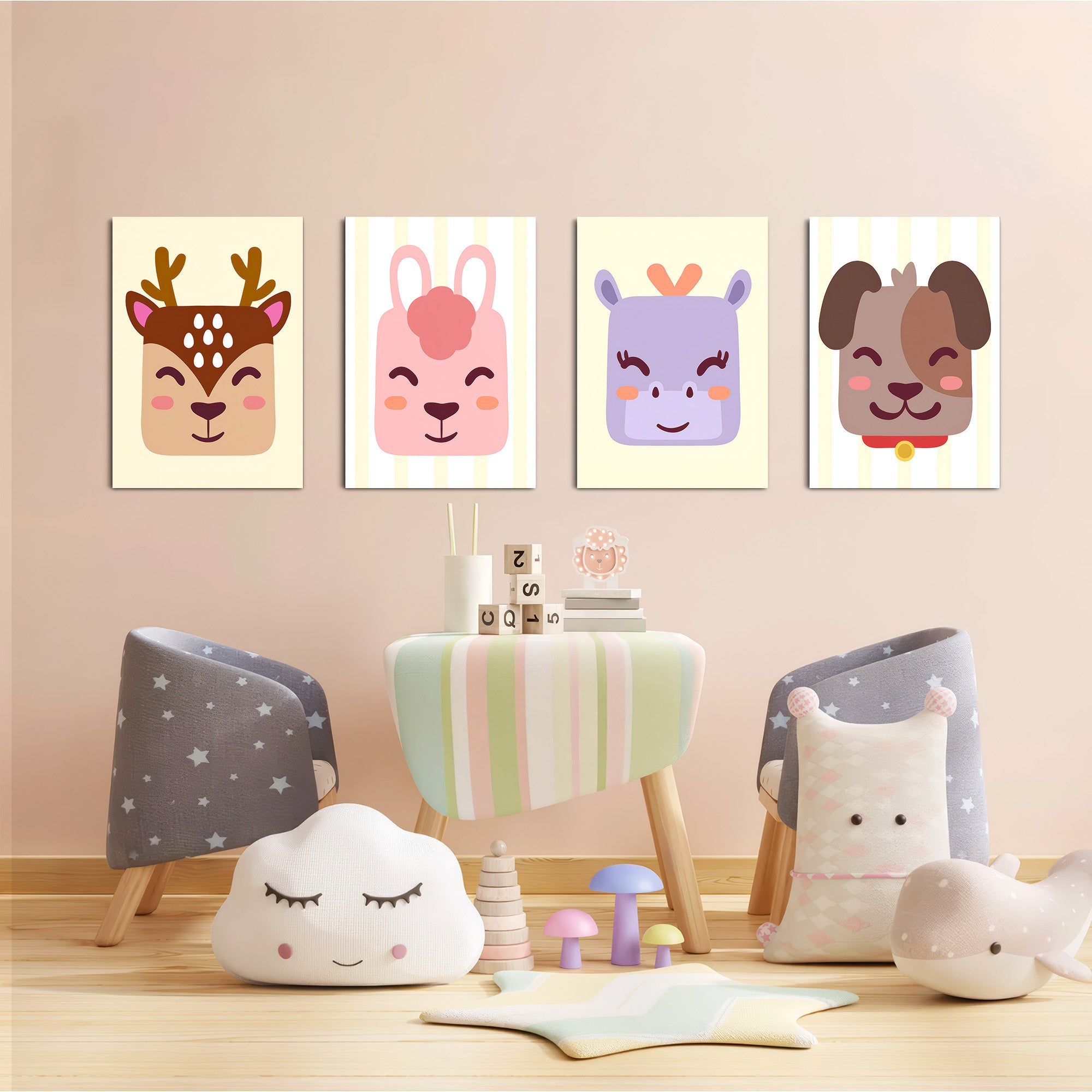 Cute Animal Faces 4 Pieces Kids Metal Wall Art.