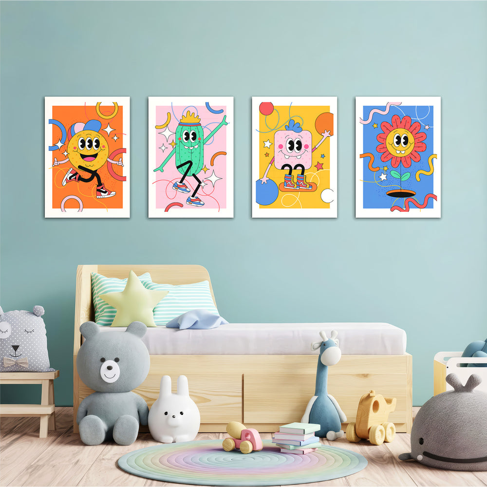 Retro Cartoon Characters 4 Pieces Kids Metal Wall Art.