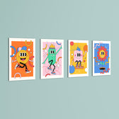 Retro Cartoon Characters 4 Pieces Kids Metal Wall Art.