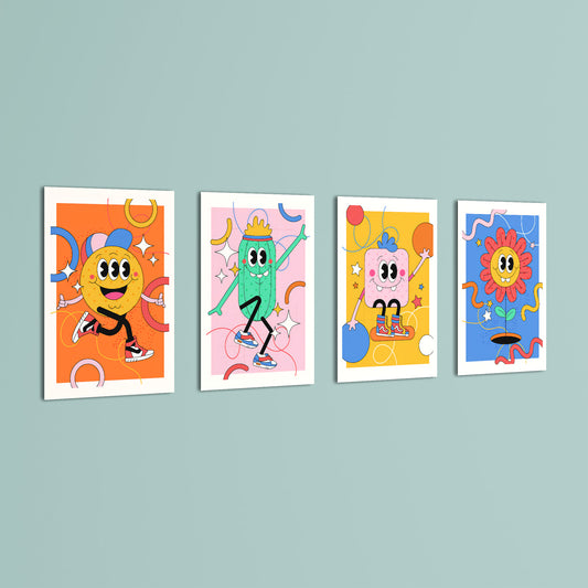 Retro Cartoon Characters 4 Pieces Kids Metal Wall Art.
