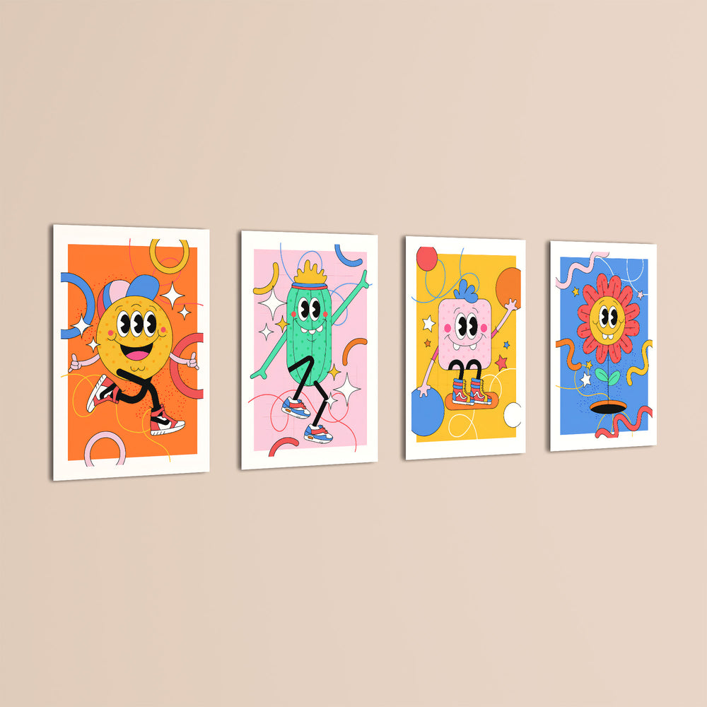 Retro Cartoon Characters 4 Pieces Kids Metal Wall Art.