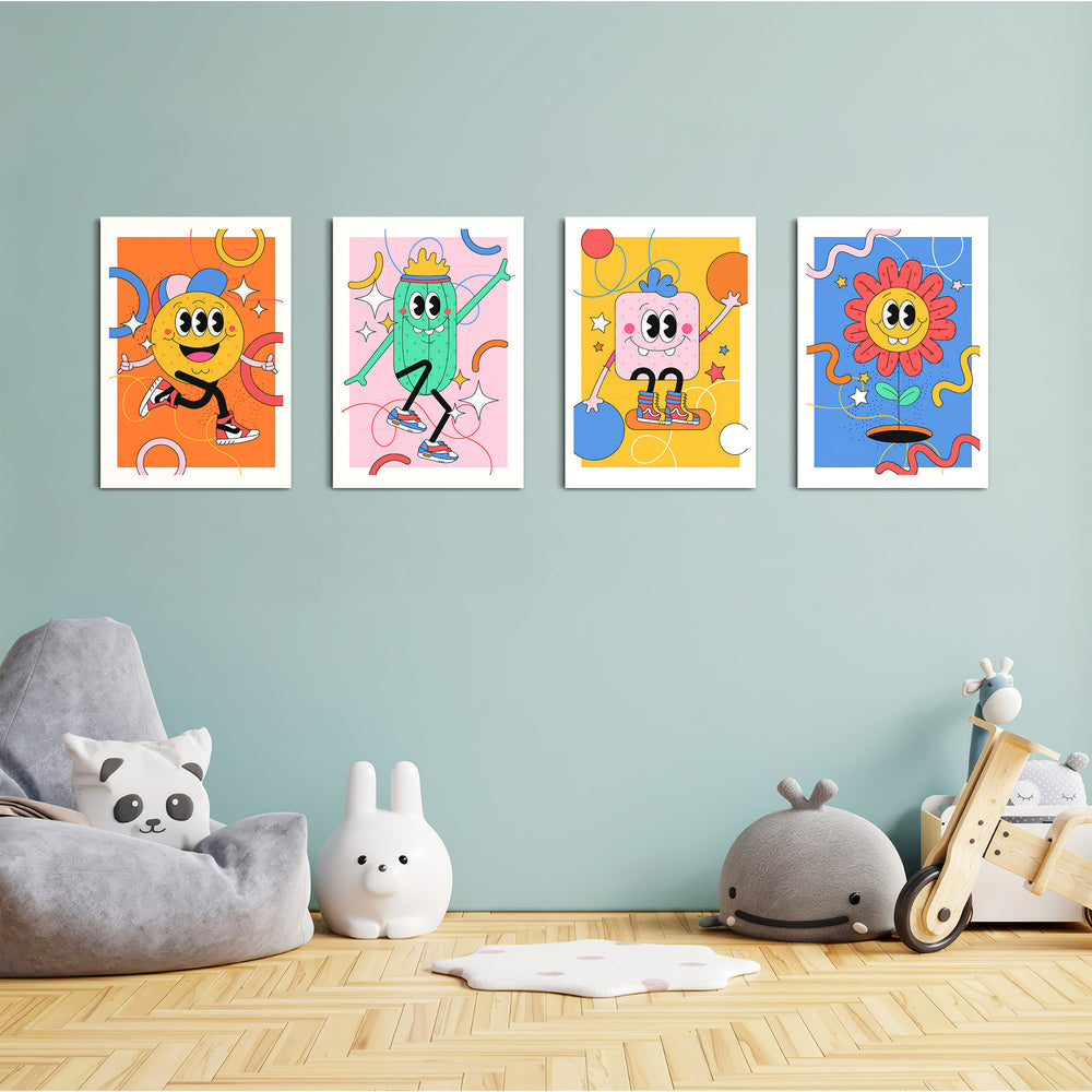 Retro Cartoon Characters 4 Pieces Kids Metal Wall Art.