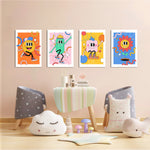 Retro Cartoon Characters 4 Pieces Kids Metal Wall Art.