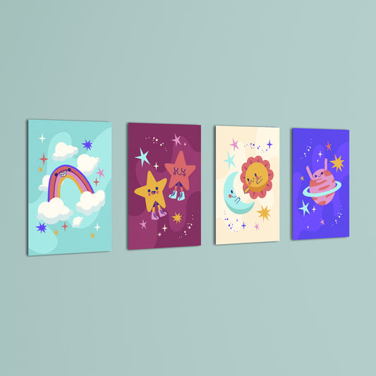 Rainbow Moon and Stars 4 Pieces Kids Metal Wall Art.