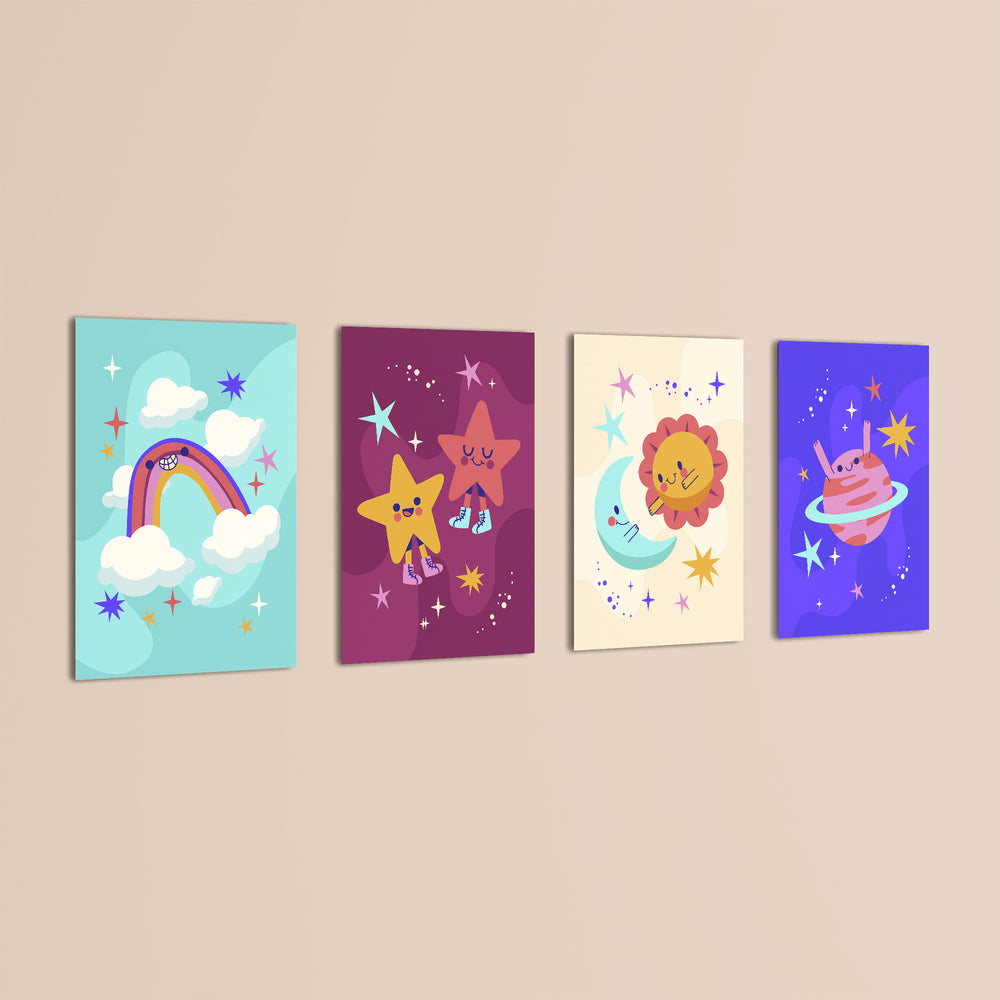 Rainbow Moon and Stars 4 Pieces Kids Metal Wall Art.