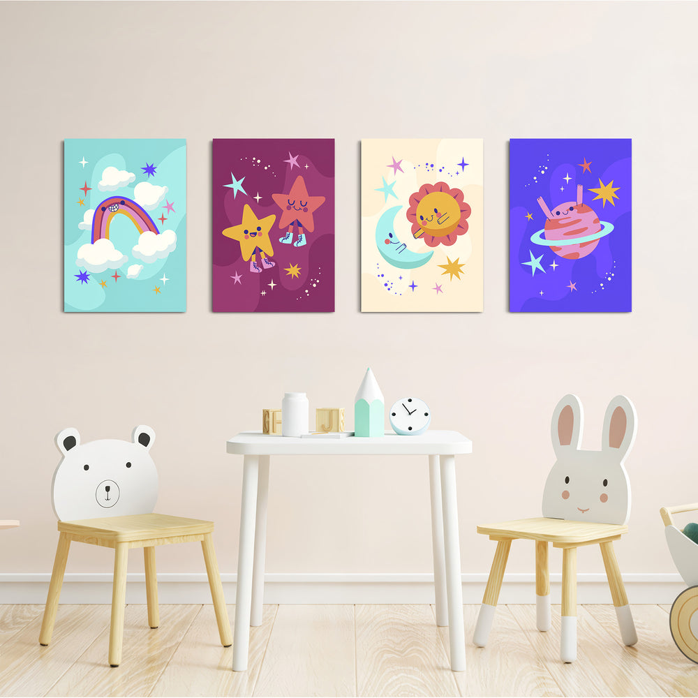 Rainbow Moon and Stars 4 Pieces Kids Metal Wall Art.
