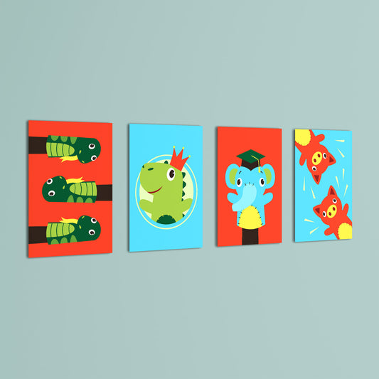 Cute Animal Puppets 4 Pieces Kids Metal Wall Art.