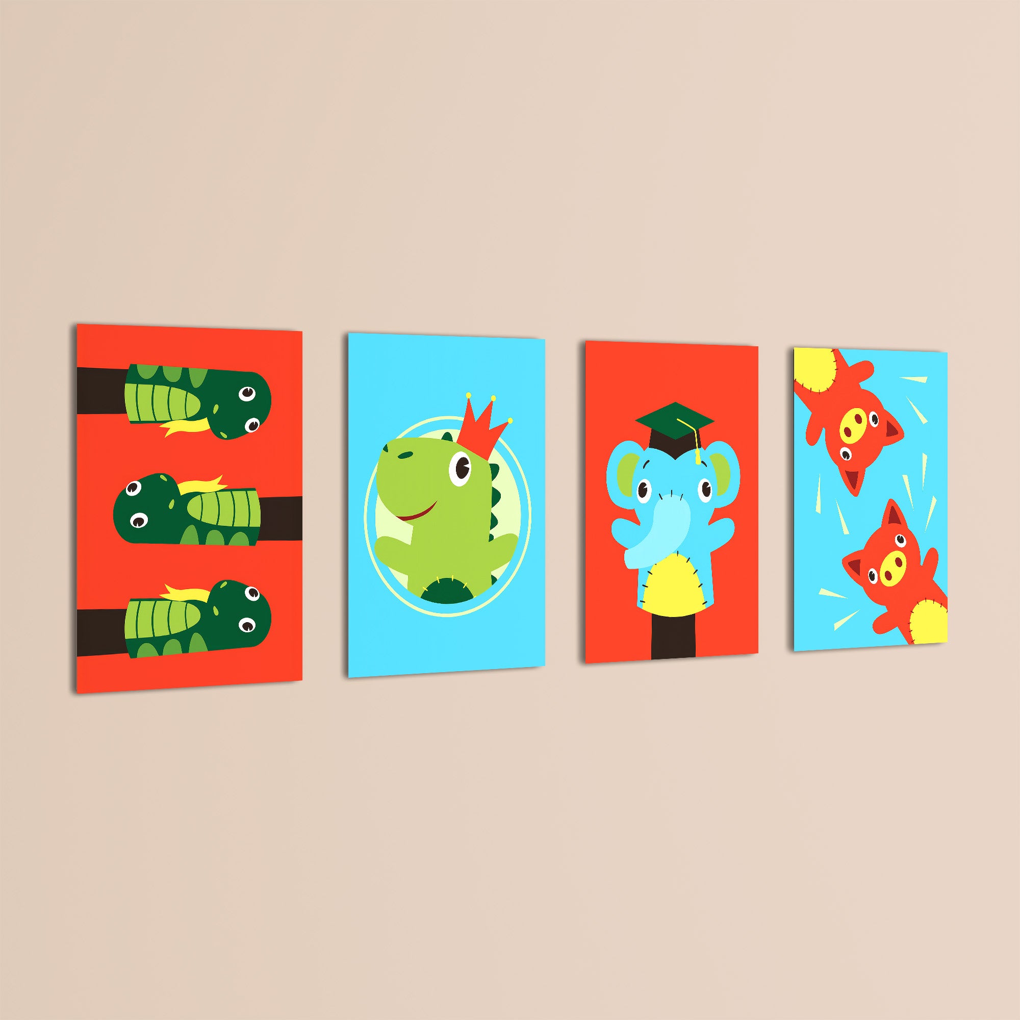 Cute Animal Puppets 4 Pieces Kids Metal Wall Art.