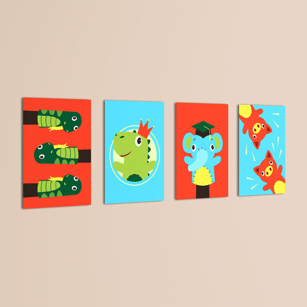 Cute Animal Puppets 4 Pieces Kids Metal Wall Art.