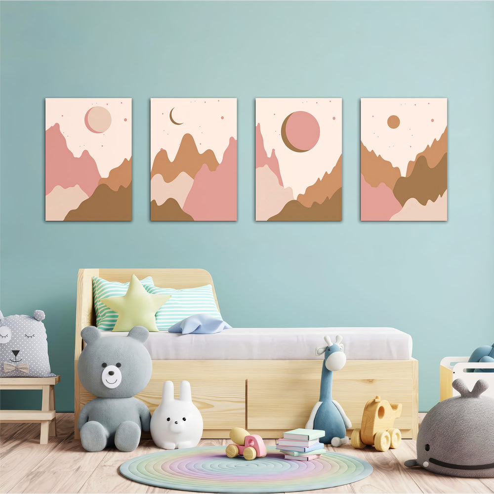 Boho Mountains and Moons 4 Pieces Kids Metal Wall Art.
