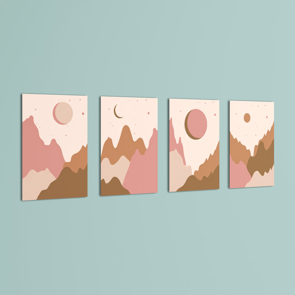 Boho Mountains and Moons 4 Pieces Kids Metal Wall Art.