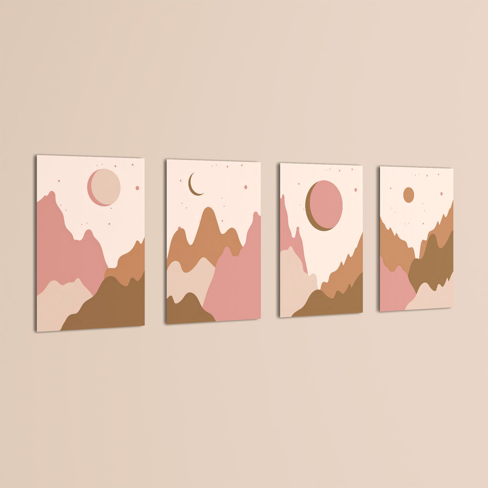 Boho Mountains and Moons 4 Pieces Kids Metal Wall Art.