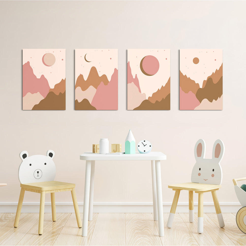 Boho Mountains and Moons 4 Pieces Kids Metal Wall Art.