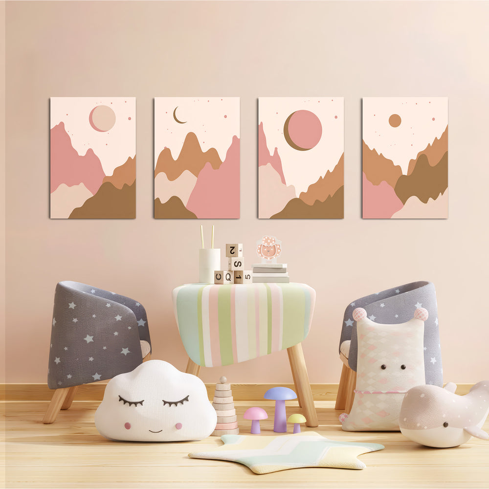 Boho Mountains and Moons 4 Pieces Kids Metal Wall Art.