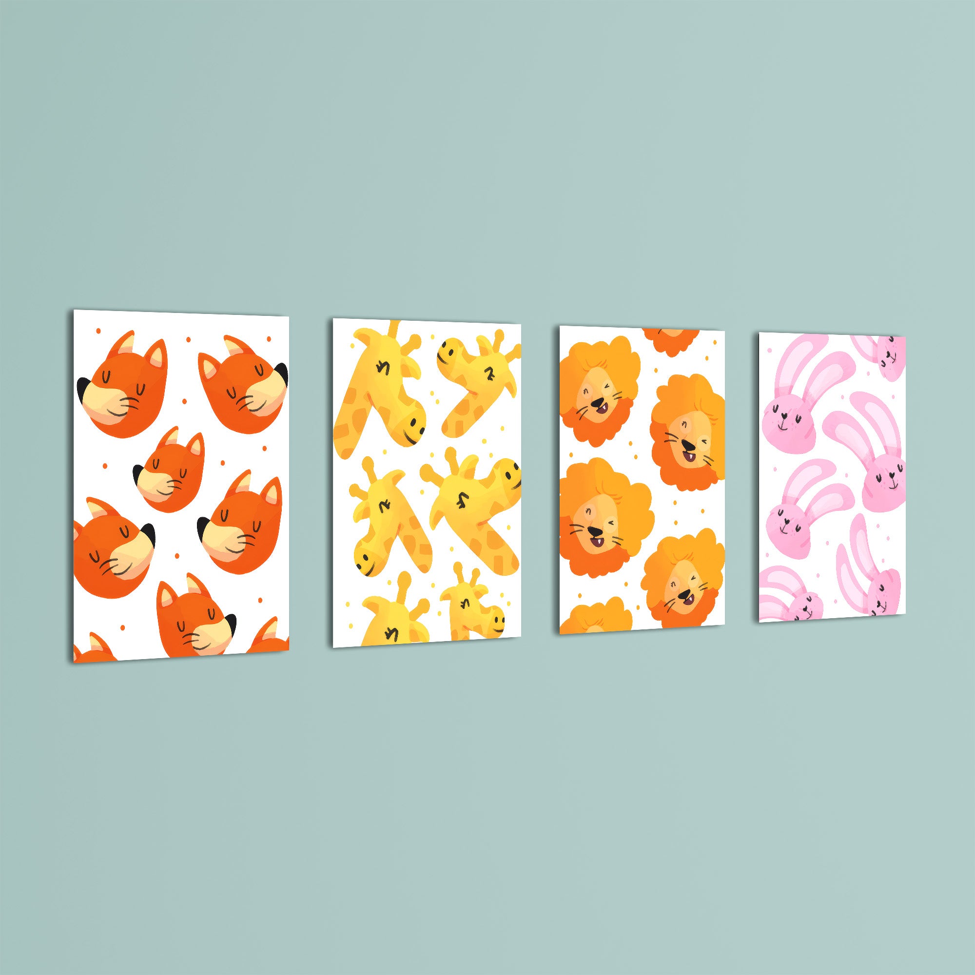 Cute Animal Faces Pattern 4 Pieces Kids Metal Wall Art.