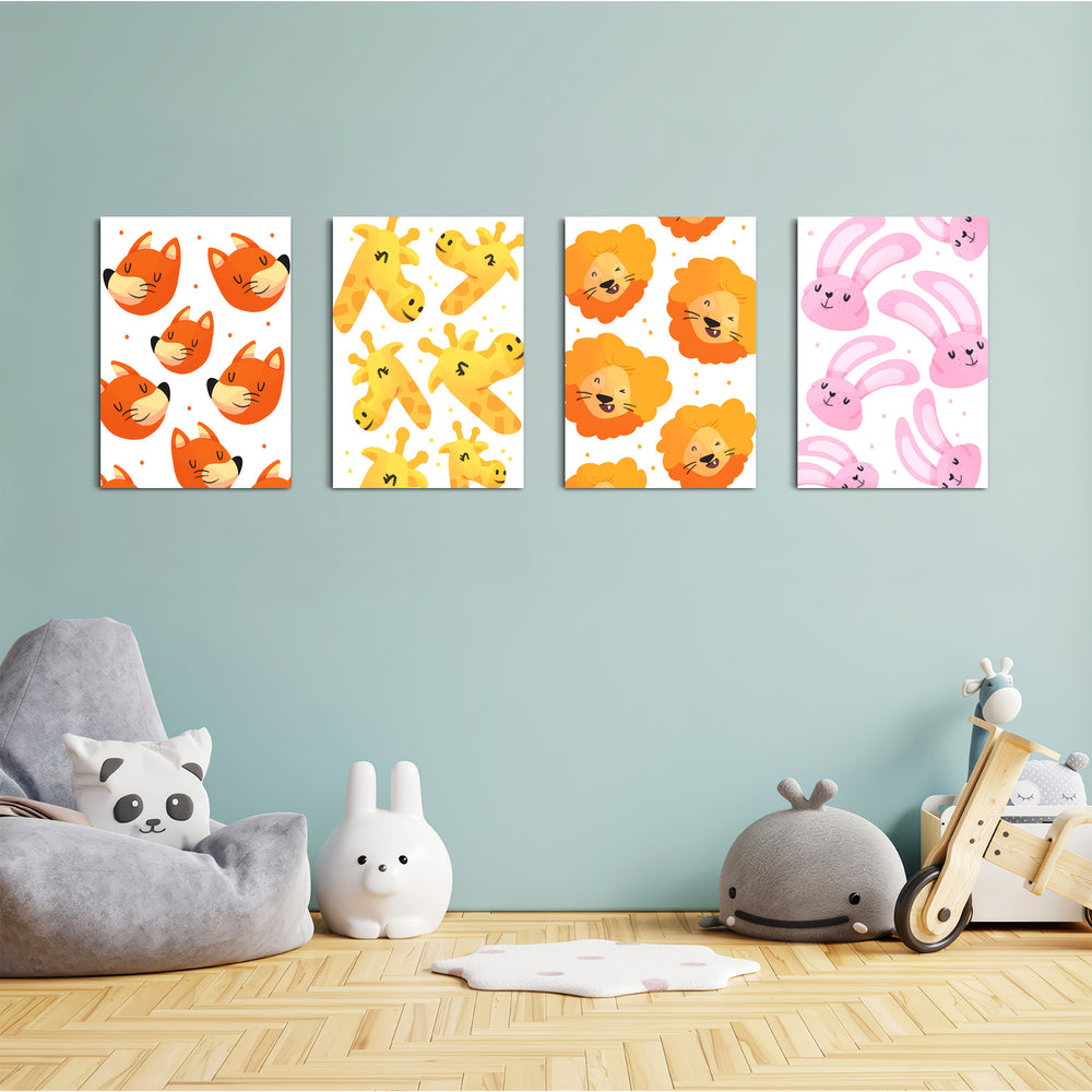 Cute Animal Faces Pattern 4 Pieces Kids Metal Wall Art.