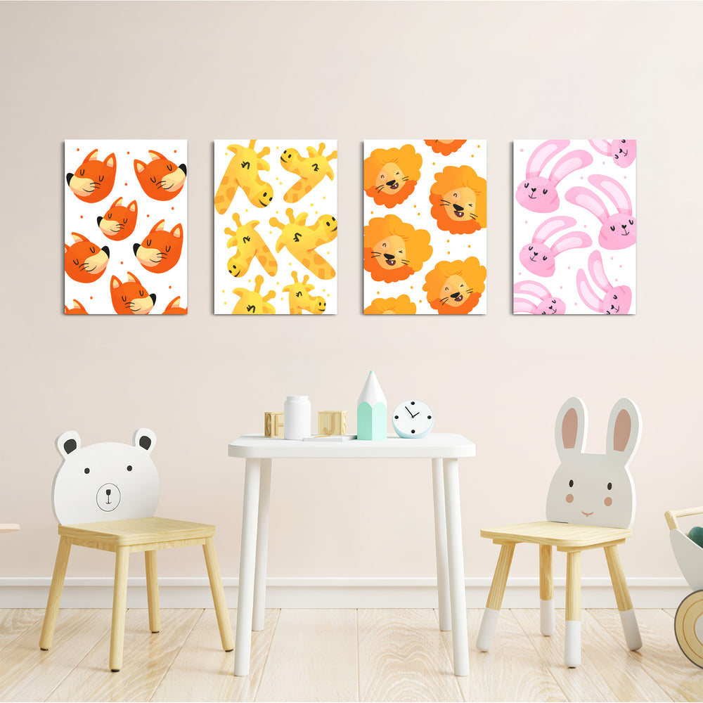 Cute Animal Faces Pattern 4 Pieces Kids Metal Wall Art.