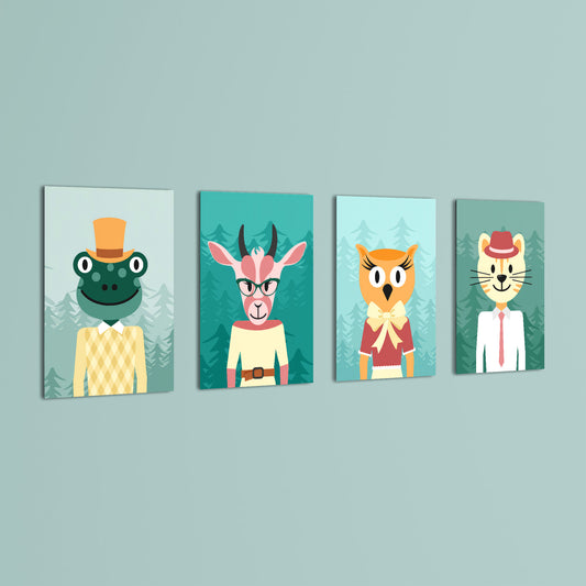 Dapper Forest Animals 4 Pieces Kids Metal Wall Art.