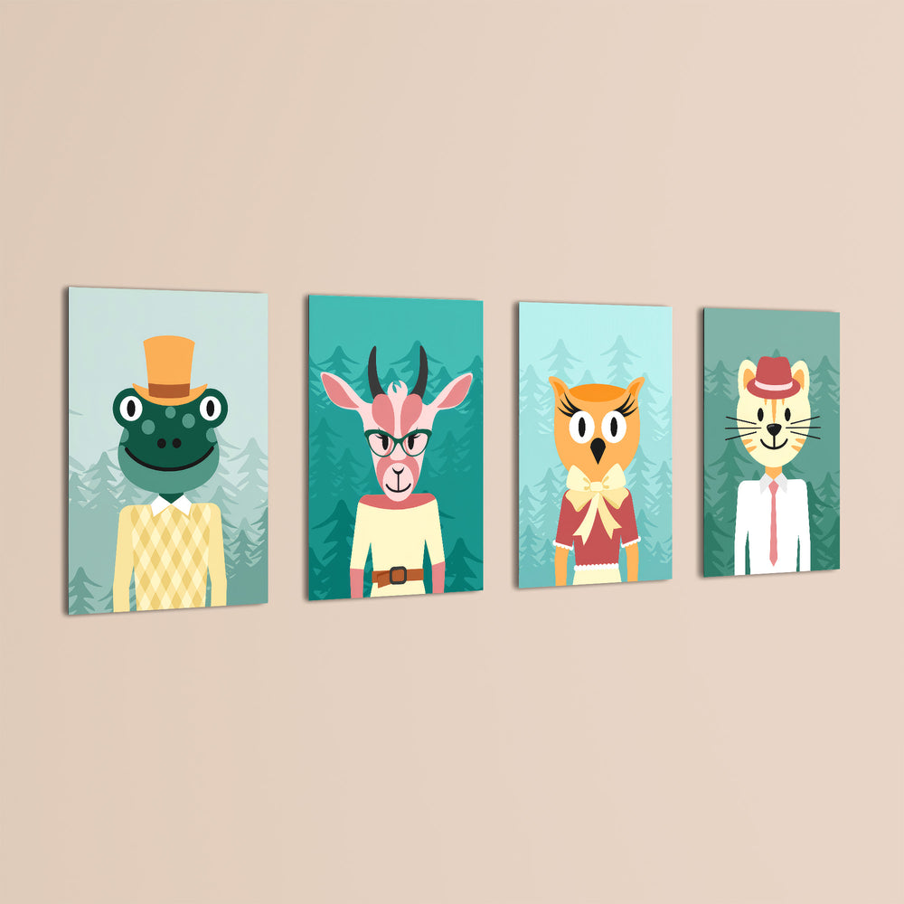 Dapper Forest Animals 4 Pieces Kids Metal Wall Art.